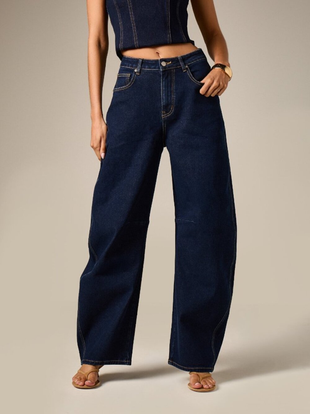 Dark Wash Casual Women's Wide Leg Barrel Jeans With High Contrast